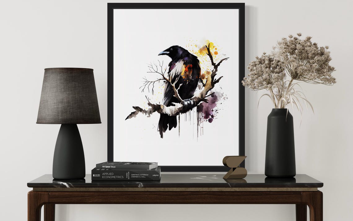 Crow On Bare Branch Watercolor With Orange Accents Bird Poster - Image 2