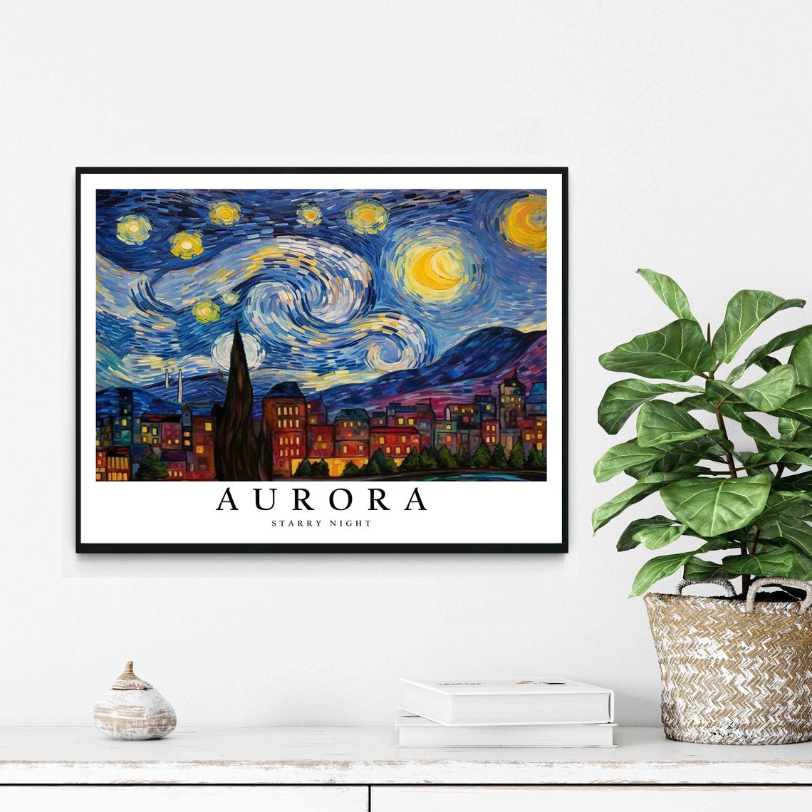 Aurora Starry Night City Lights Mountain Silhouette View Poster - Image 2