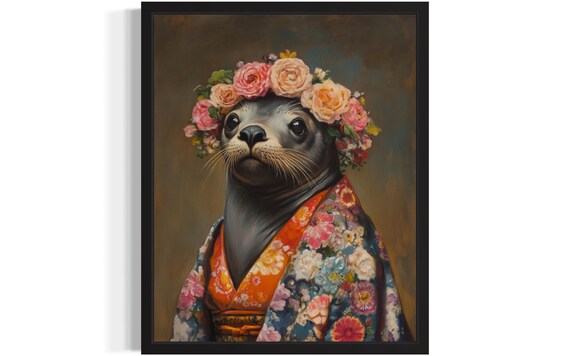 Sea Lion Wearing Rose Flower Crown and Floral Kimono Art Poster