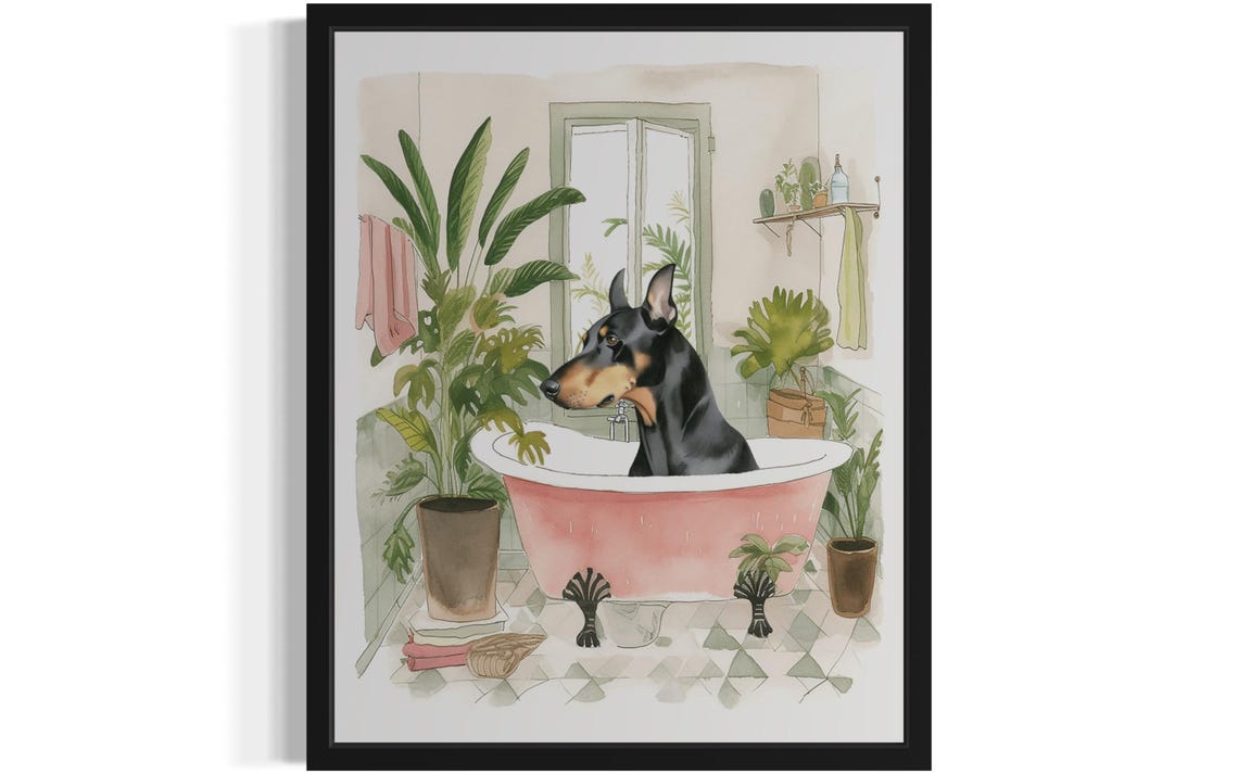 Dobermann Dog Bath Time Pink Clawfoot Tub Botanical Art Poster
