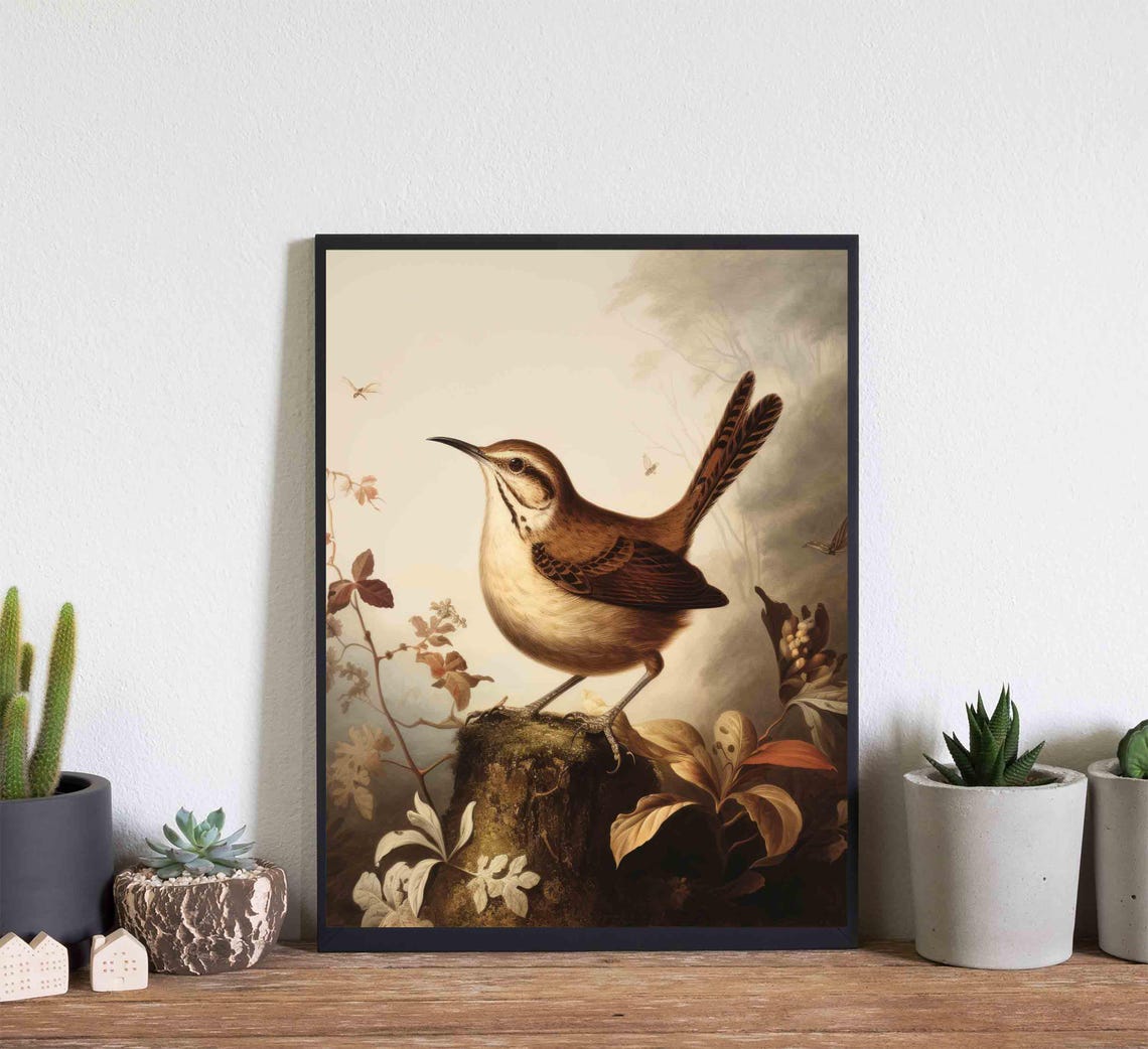 Wren Perched on a Mossy Stump in a Misty Forest Vintage Bird Poster - Image 4