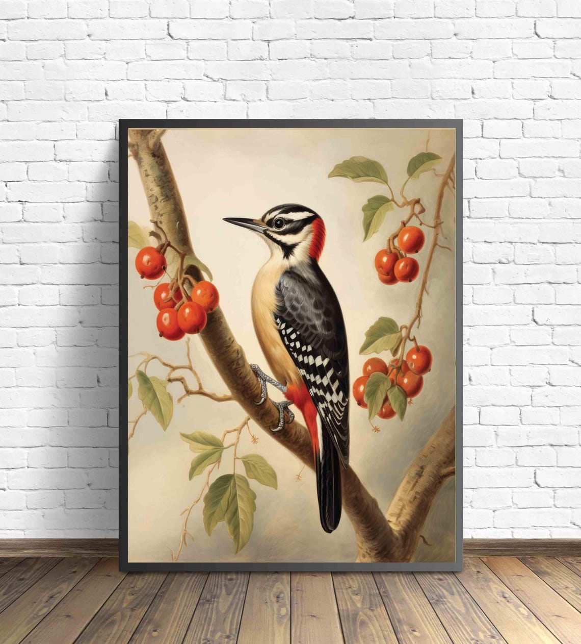 Great Spotted Woodpecker on a Berry Branch Vintage Songbird Poster - Image 2