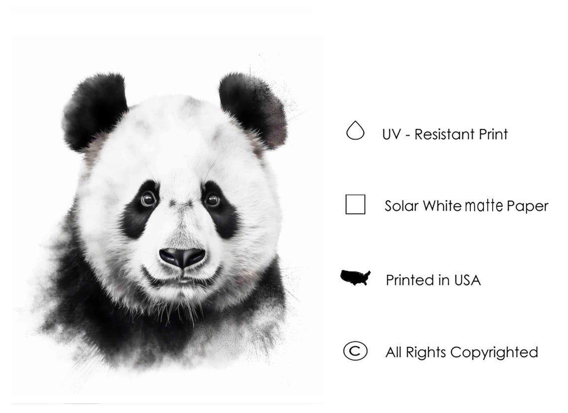 Gentle Giant Panda Face in Watercolor Black and White Art Poster - Image 2