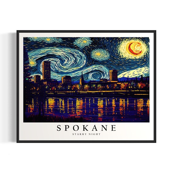 Spokane Washington Starry Night Skyline Bridge Riverfront Art Poster