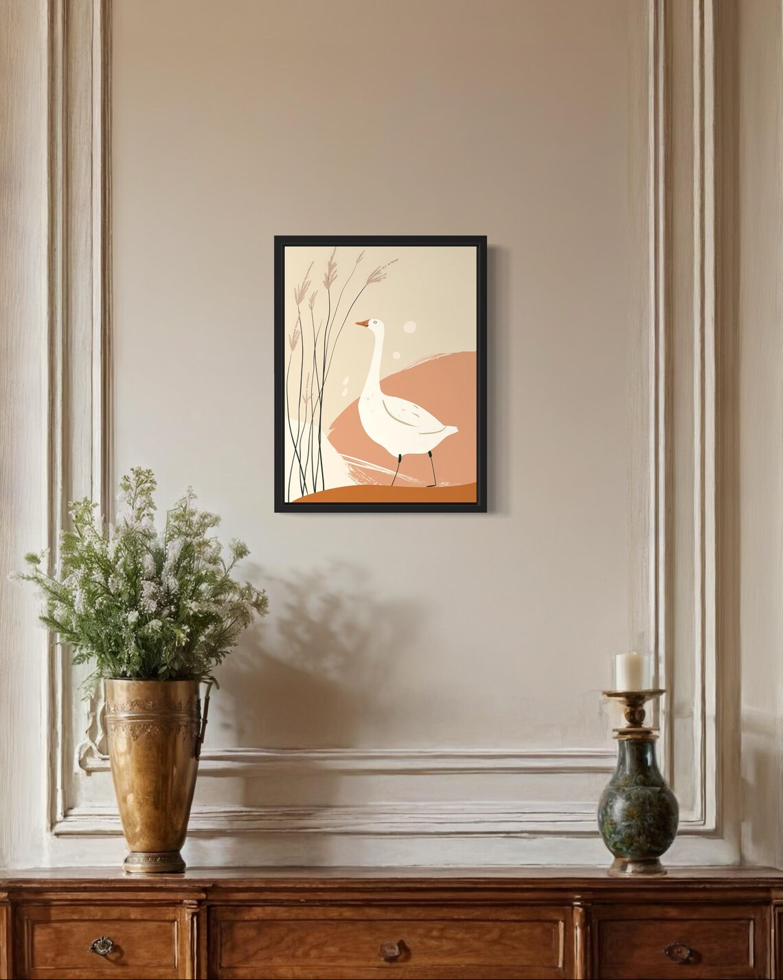 White Goose Among Reeds Beige Minimalist Farmhouse Art Poster - Image 2