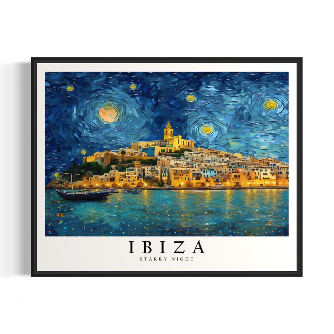 Ibiza Spain Starry Night Historic Old Town Harbor Skyline Art Poster