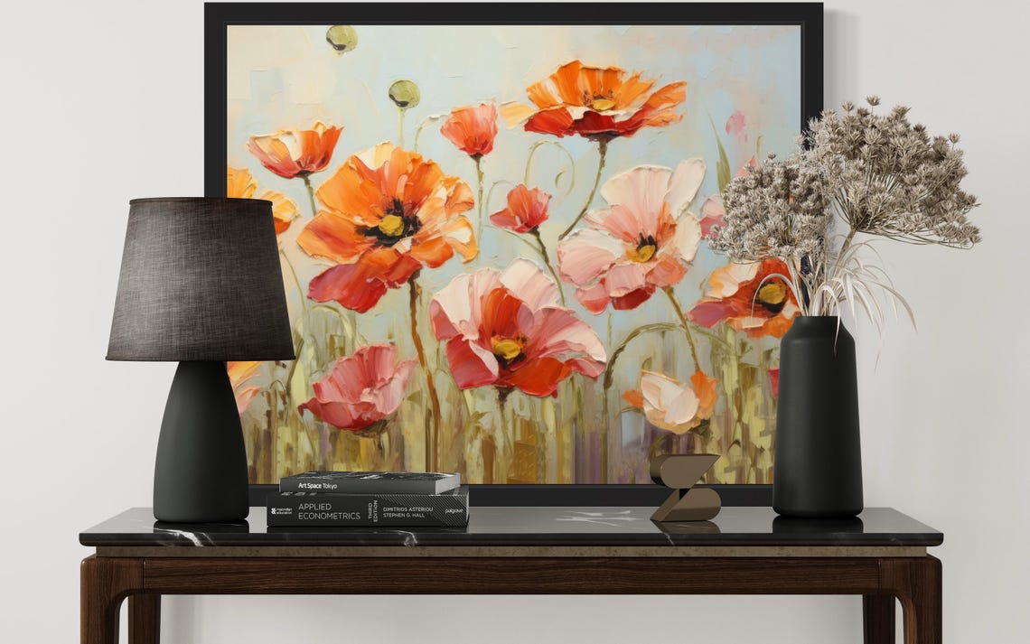 Orange and Pink Poppies Swaying in Blooming Field Painting Poster - Image 3