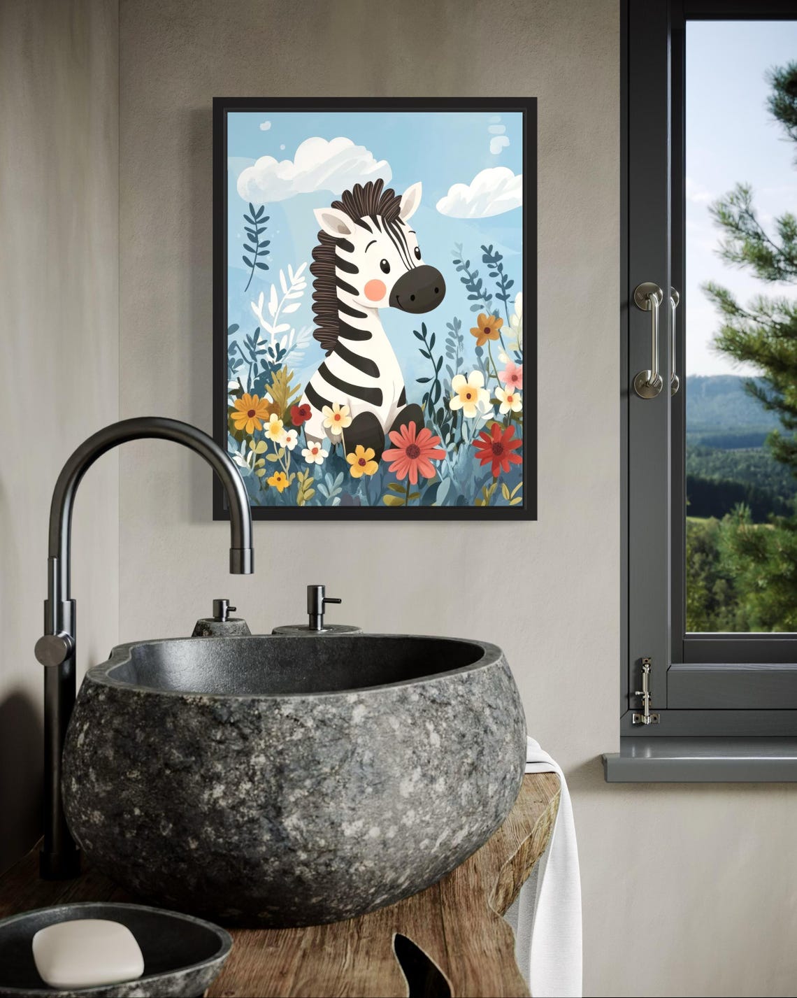 Cute Smiling Baby Zebra in Blooming Meadow Nursery Room Poster - Image 3
