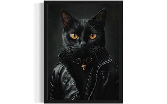 Cool Black Cat In Leather Jacket Portrait Funny Pet Art Print