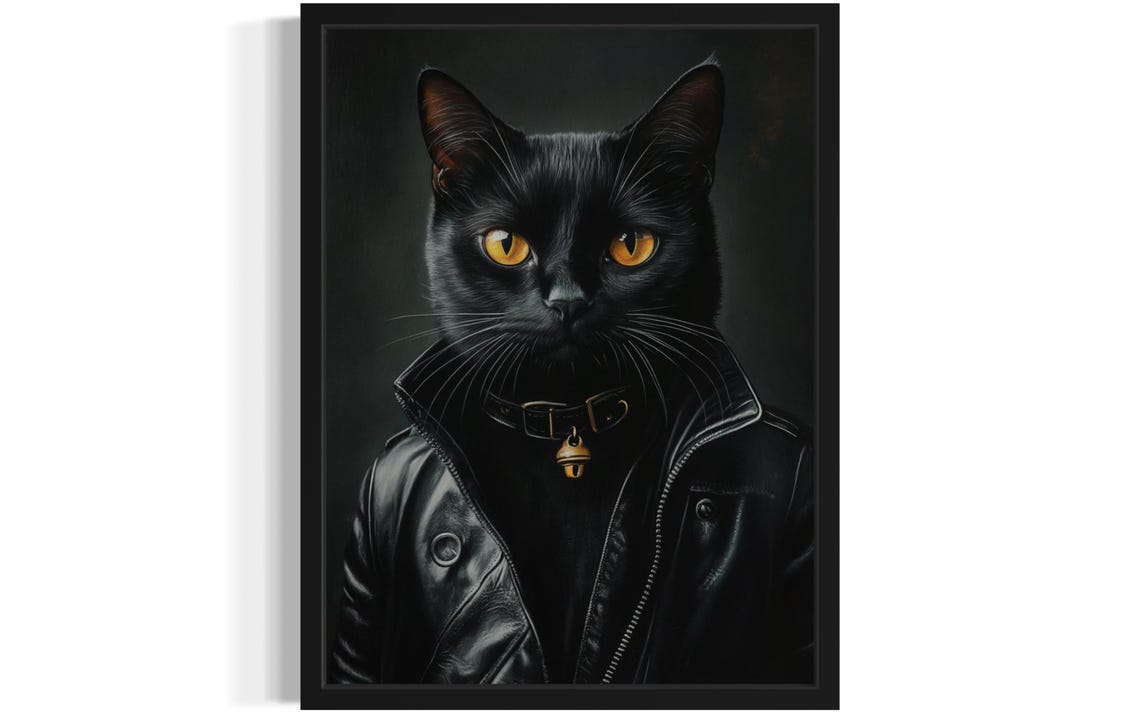 Cool Black Cat In Leather Jacket Portrait Funny Pet Art Print