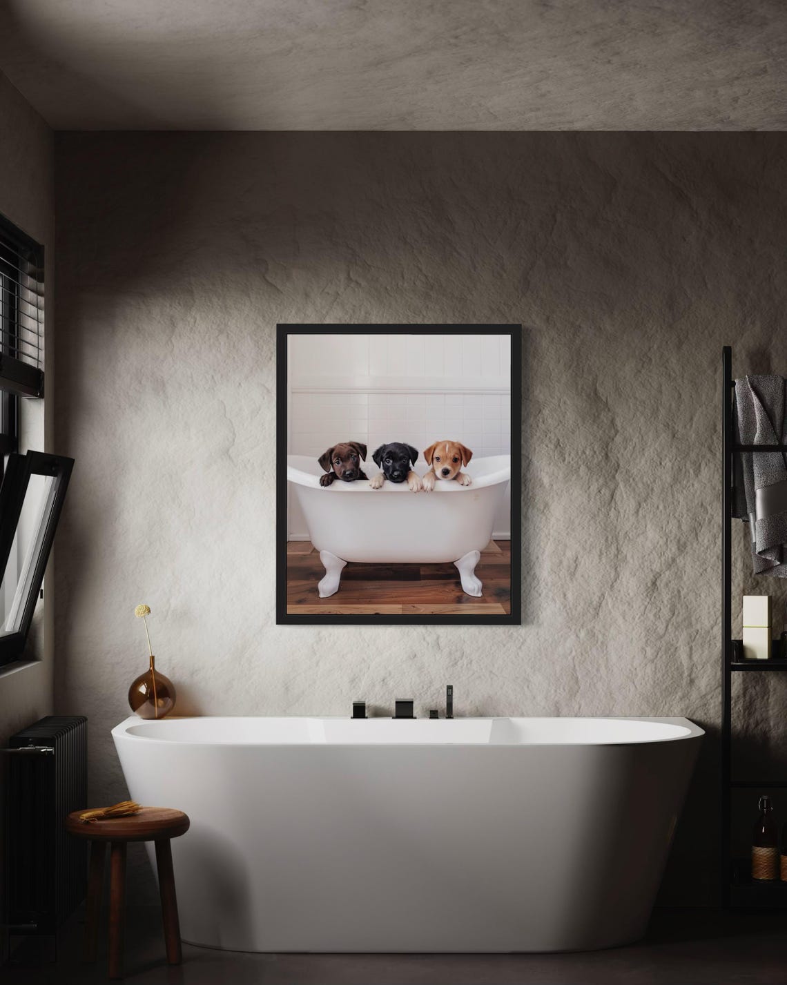 Three Puppies Peeking Over a White Clawfoot Bathtub Photo Poster - Image 3