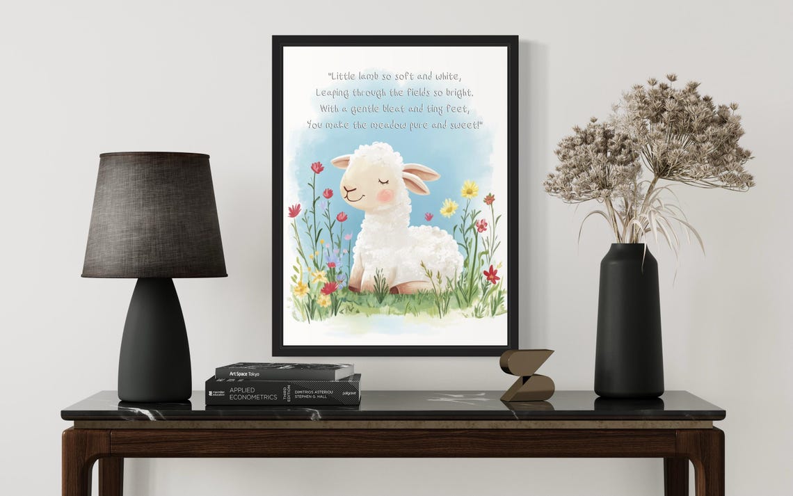 Gentle Baby Lamb Resting with Sweet Meadow Poem Nursery Wall Poster - Image 2