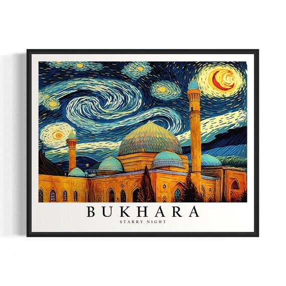 Bukhara Starry Night Mosque Domes Minarets Golden View Poster