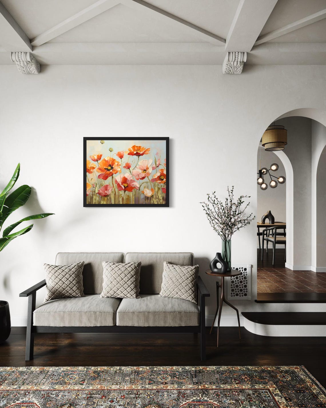 Orange and Pink Poppies Swaying in Blooming Field Painting Poster - Image 2