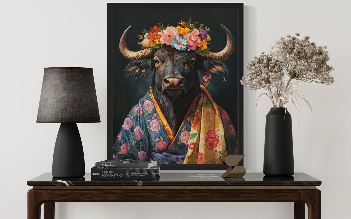 Water Buffalo Flower Crown and Floral Kimono Portrait Poster - Image 4