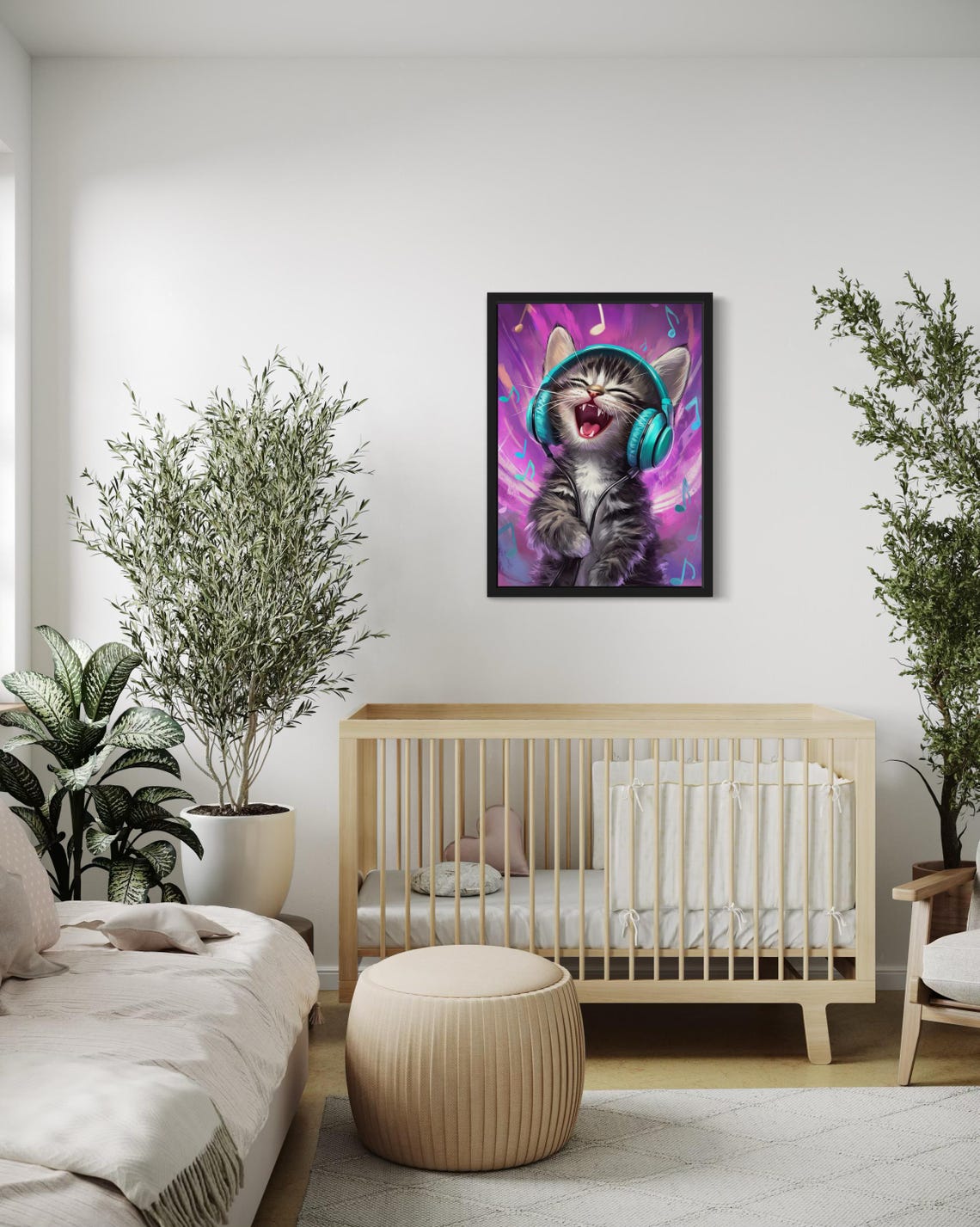 Joyful Kitten Singing with Teal Headphones on Purple Music Poster - Image 4