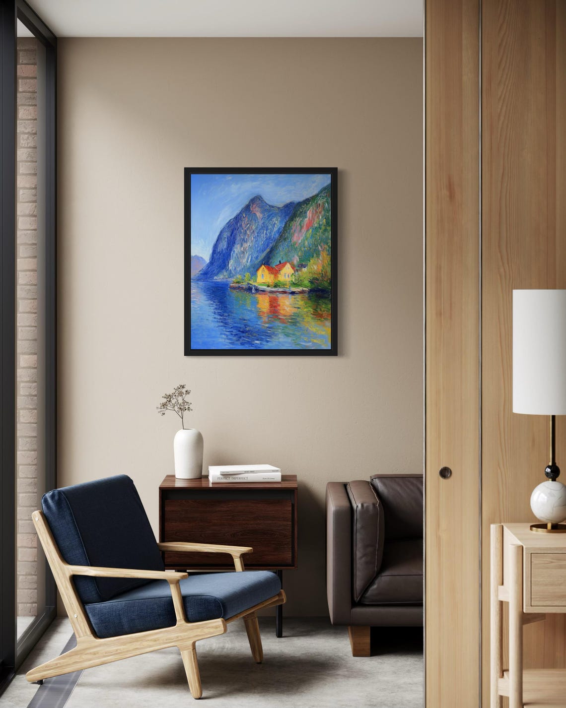 Norway Fjord Cabins Beneath Towering Mountains Monet Style Poster - Image 2