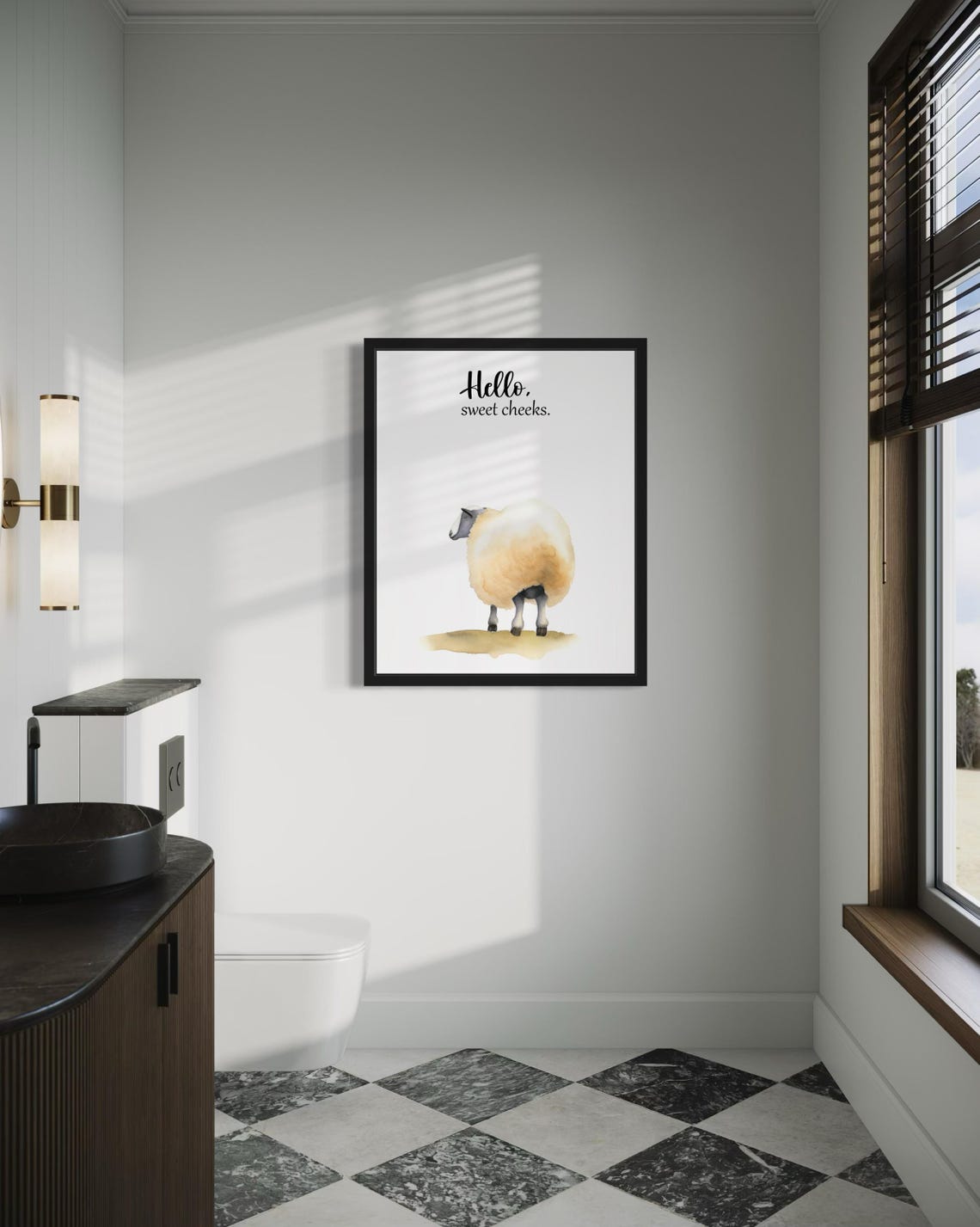 Hello Sweet Cheeks Fluffy Sheep Watercolor Bathroom Humor Poster - Image 4