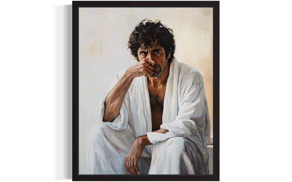 Older Curly Haired Man in White Robe Holding Nose Funny Poster