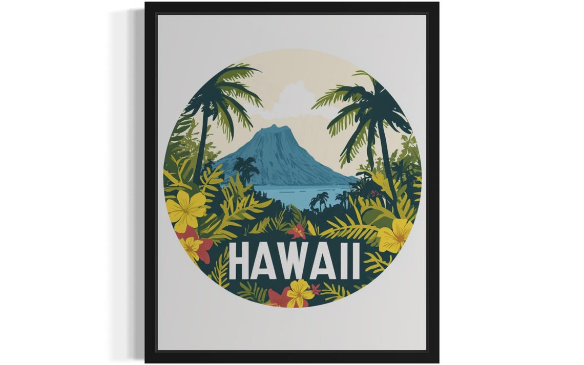 Hawaii Volcanic Peak Palm Trees Tropical Flowers Circle Poster