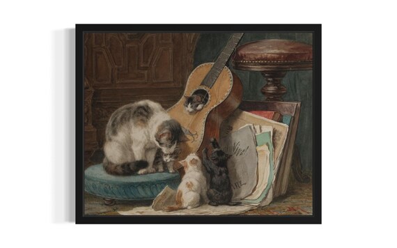 Victorian Cats and Guitar Classic Musical Oil Painting Art Poster