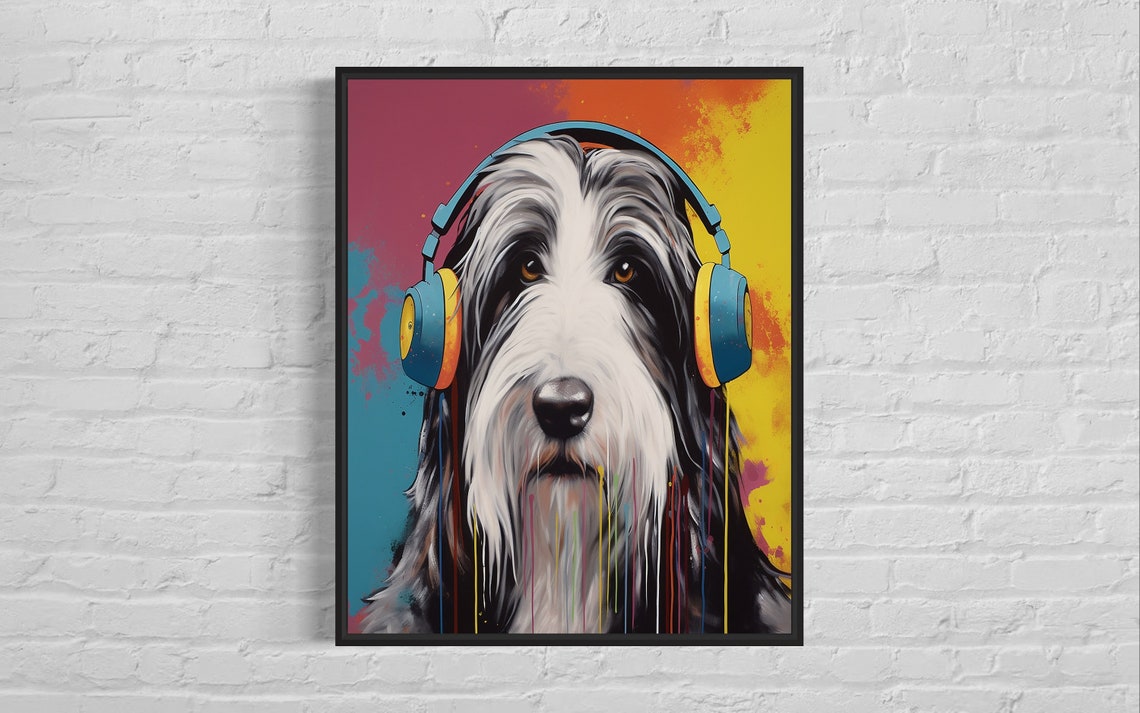 Bearded Collie Wearing Headphones Colorful Pop Dog Art Poster