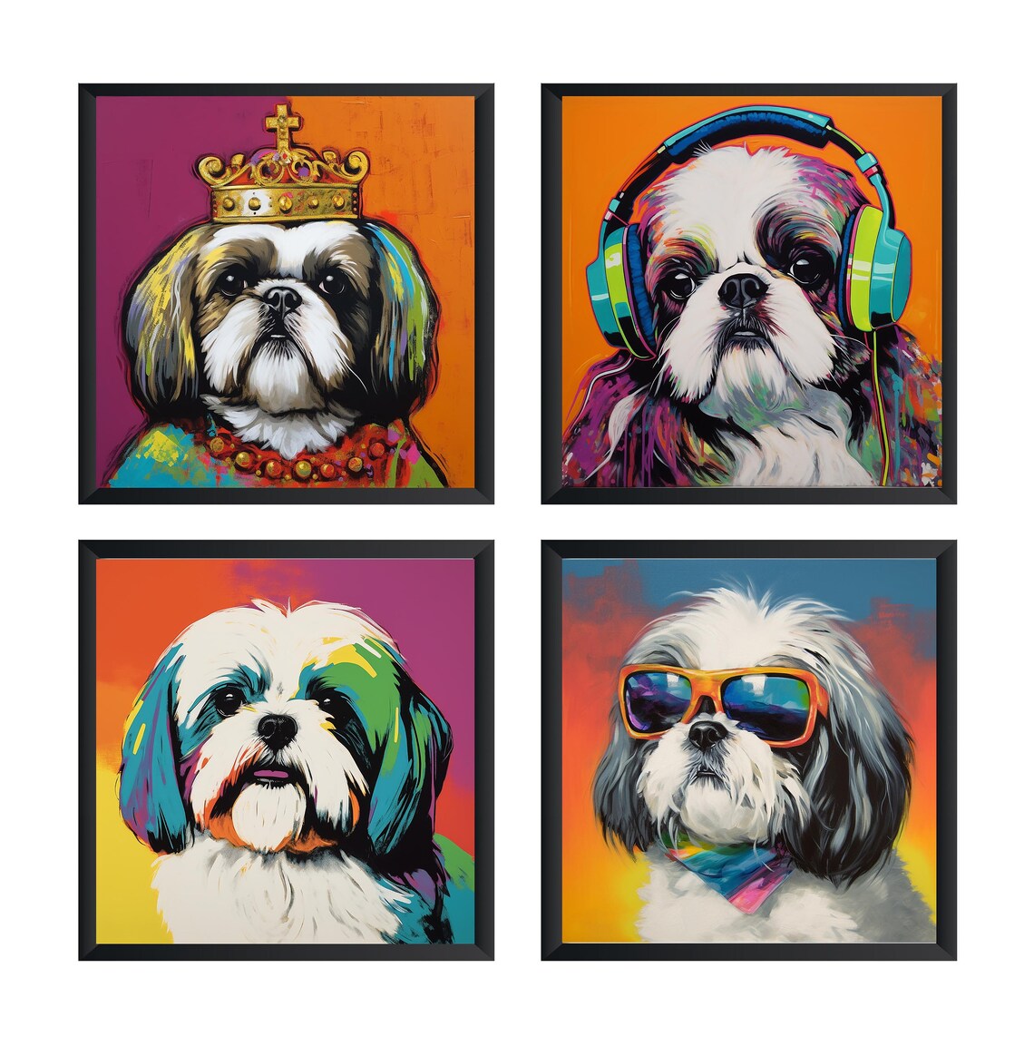 Set of Four Colorful Shih Tzu Dog Portraits Fun Pop Art Wall Poster