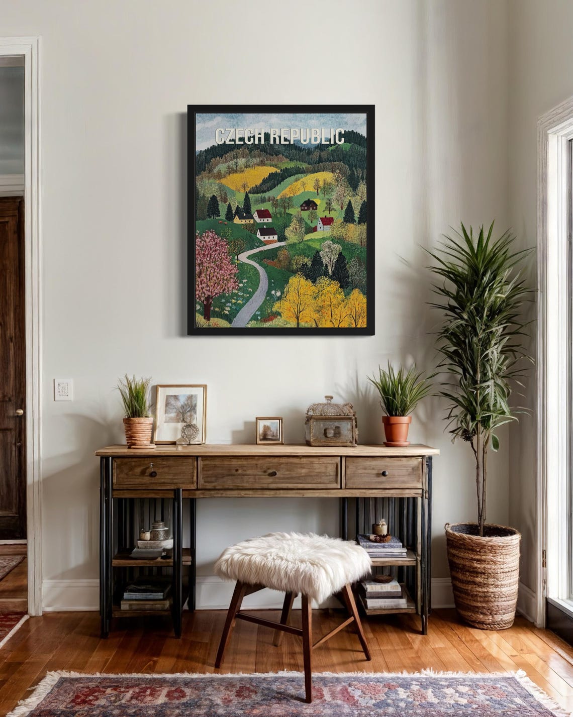 Czech Republic Pine Forest Blossom Tree Village Folk Art Poster - Image 2