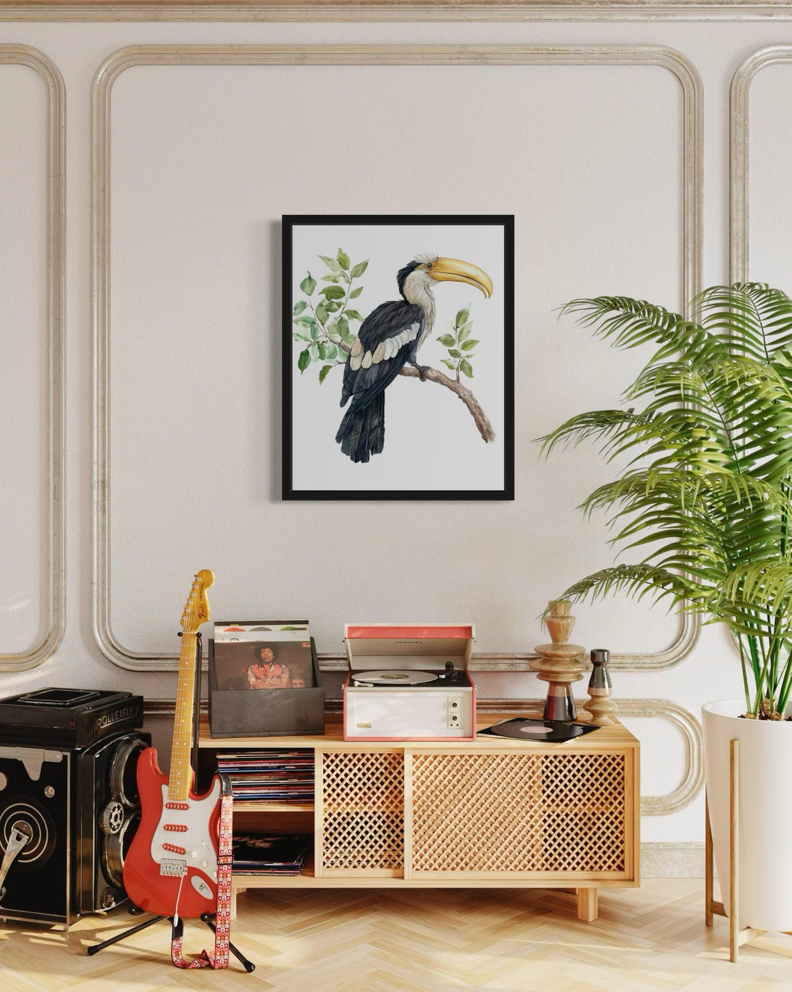 Hornbill with a Yellow Bill on a Leafy Branch Watercolor Poster - Image 4