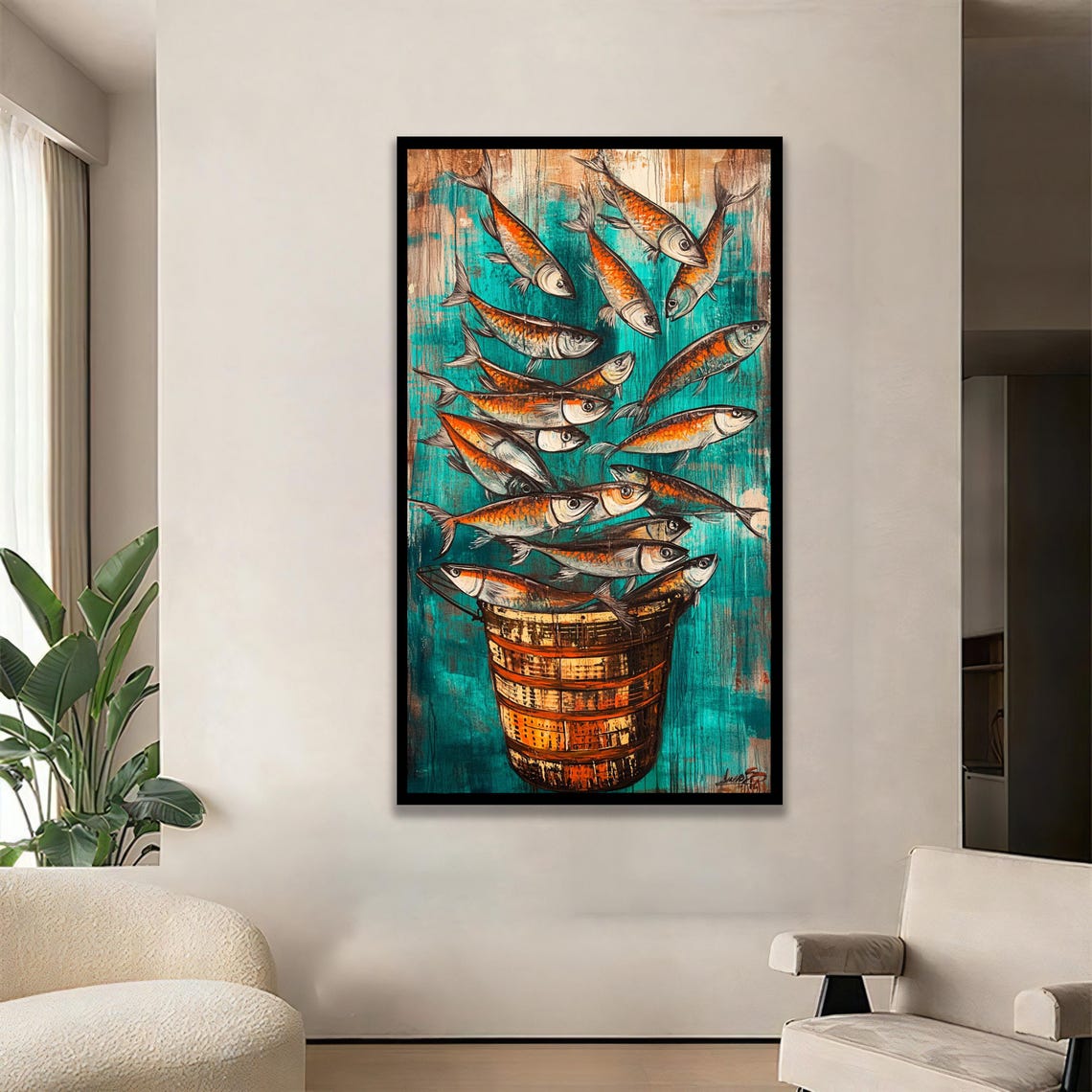 Fish Falling Into Basket Whimsical Wall Art Print