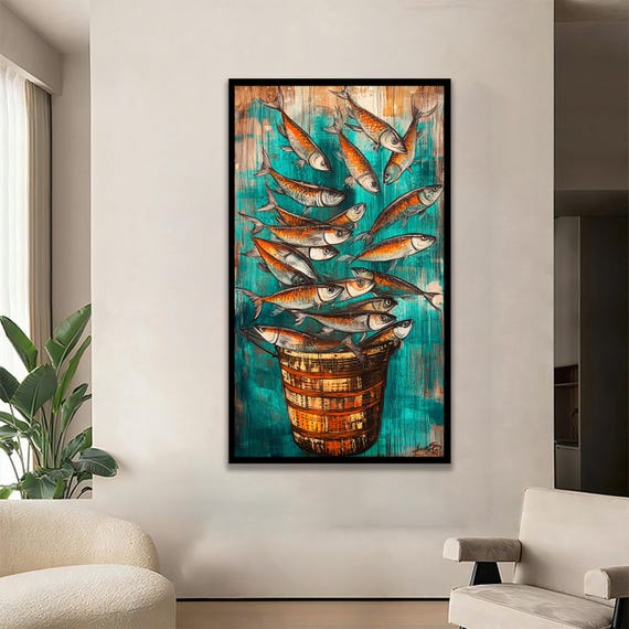 Fish Falling Into Basket Whimsical Wall Art Print