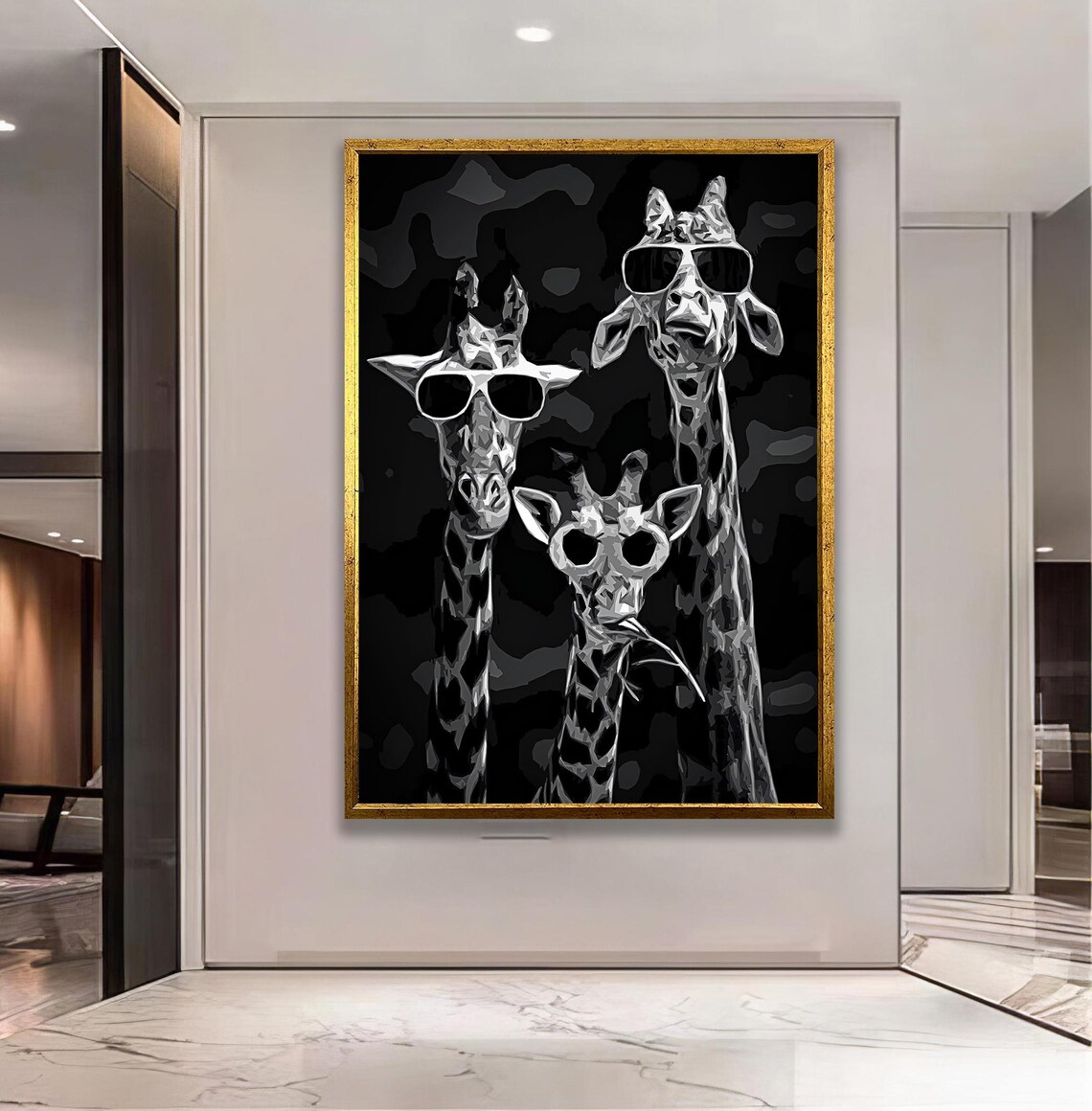 Three Cool Giraffes In Sunglasses Black And White Funny Animal Poster