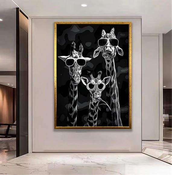 Giraffe Family With Parents And Child Wearing Sunglasses Whimsical Safari Animal Painting Playful Modern Wildlife Wall Art Print
