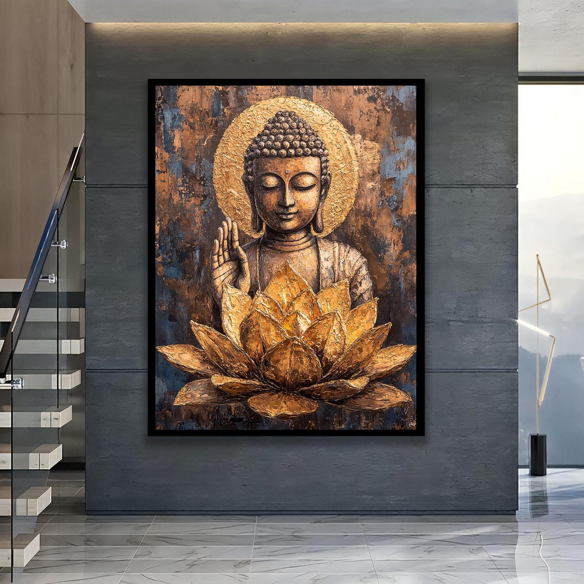 Buddha With Golden Spiritual Canvas Wall Art Zen Meditation Decor
