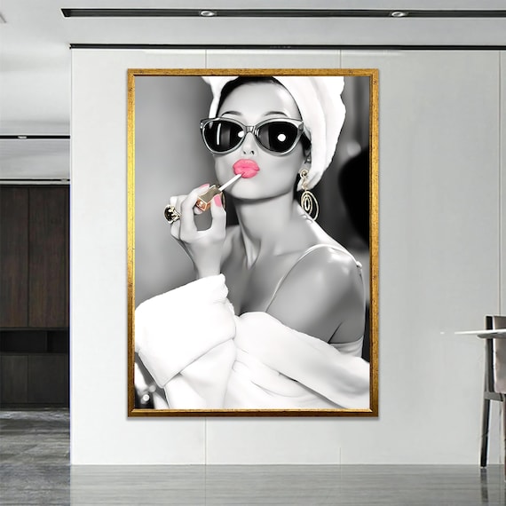 Woman Applying Pink Lipstick Black And White Fashion Art Poster