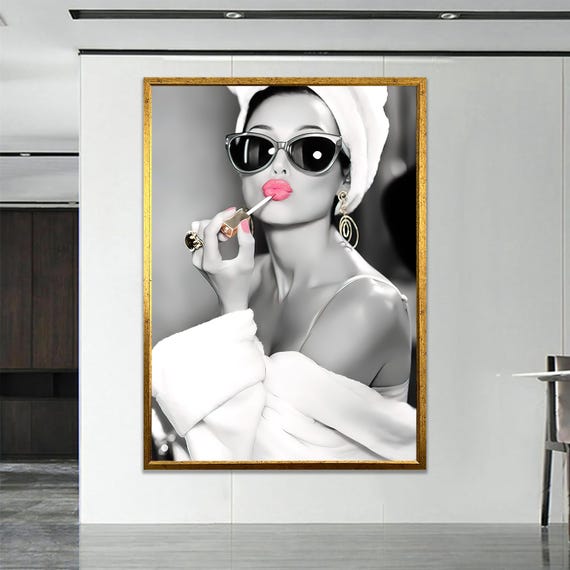 Woman Applying Pink Lipstick Stylish Sunglasses Portrait Art
