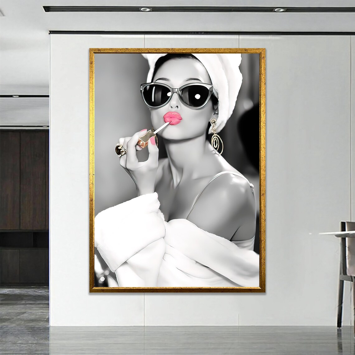 Woman Applying Pink Lipstick Black And White Fashion Art Poster