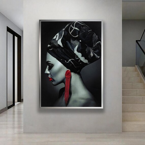 Elegant Woman Headscarf Portrait Red Tassel Earrings Wall Poster