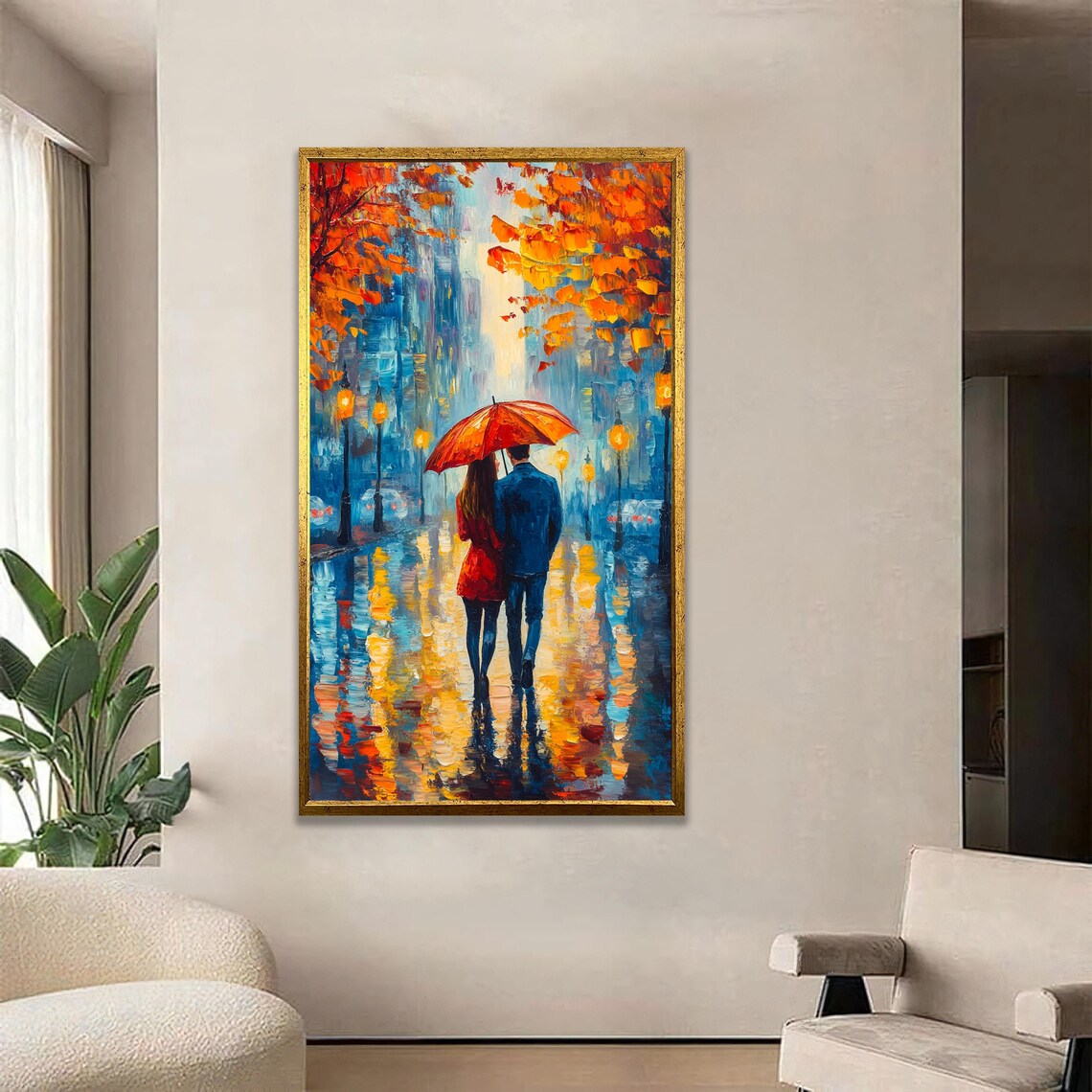 Romantic Couple Walking in Rain Red Umbrella Autumn City Art Poster