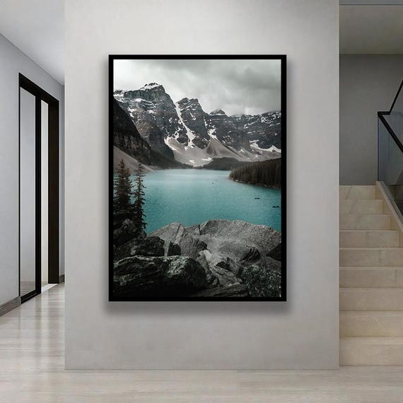 Turquoise Lake Canvas Print Snowy Mountains Pine Trees Modern Nature Art
