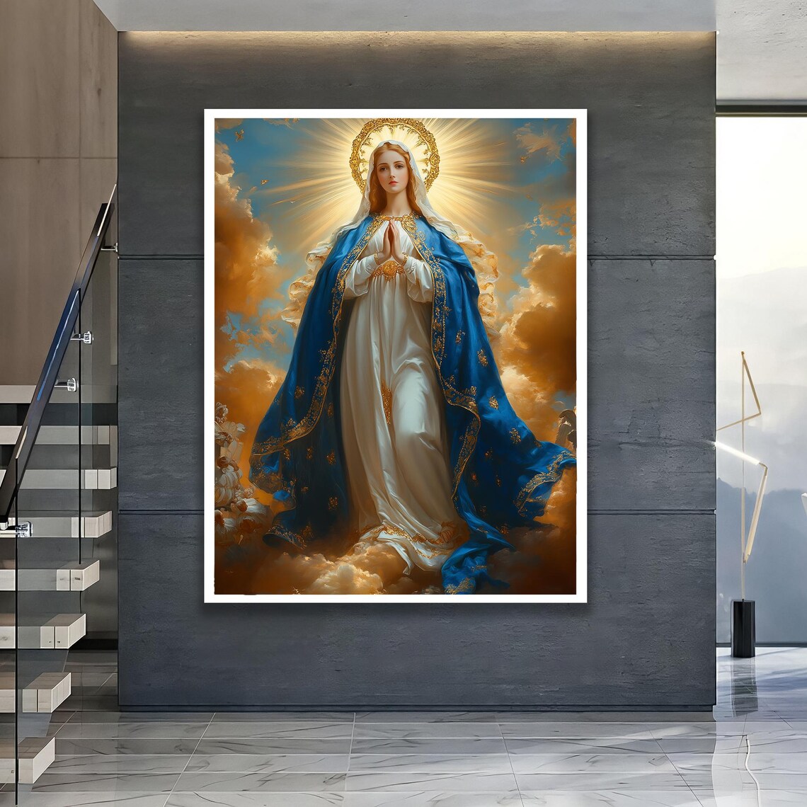 Virgin Mary In Blue Mantle Amid Golden Heavenly Clouds Poster