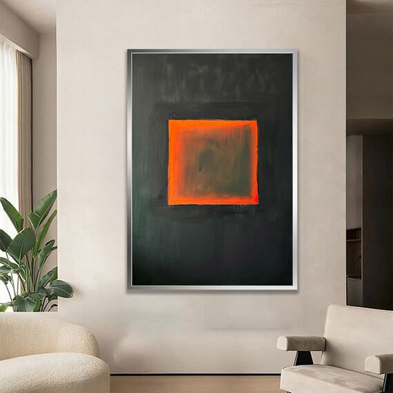 Abstract Orange And Grey Square On Black Canvas Modern Minimalist Wall Art