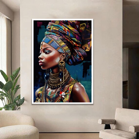 African Woman Portrait Colorful Headwrap and Jewelry Art Poster