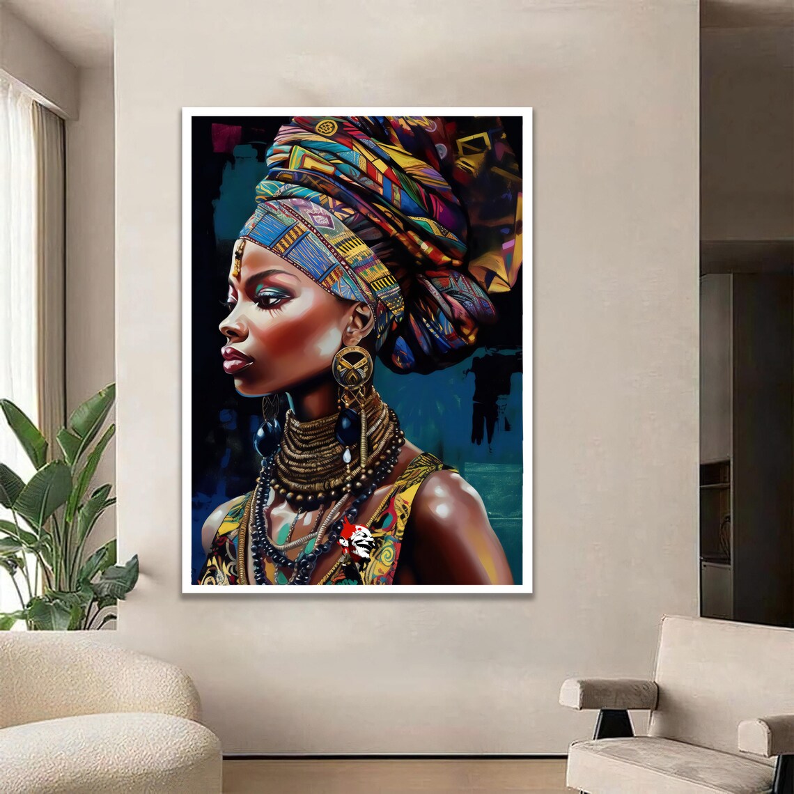 African Woman Portrait Colorful Headwrap and Jewelry Art Poster