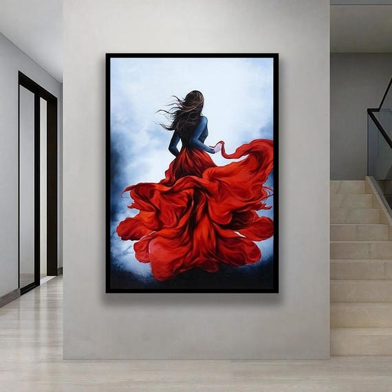 Elegant Red Dress Dance Canvas Art Glamorous Woman In Flowing Gown