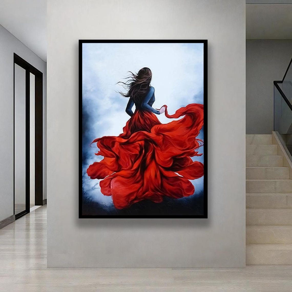 Flowing Red Dress Dancer Blue Storm Cloud Dramatic Art Poster