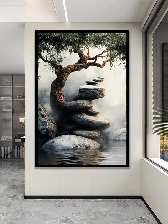 Stone Path By The Water With Majestic Old Tree Serene Nature Canvas Art