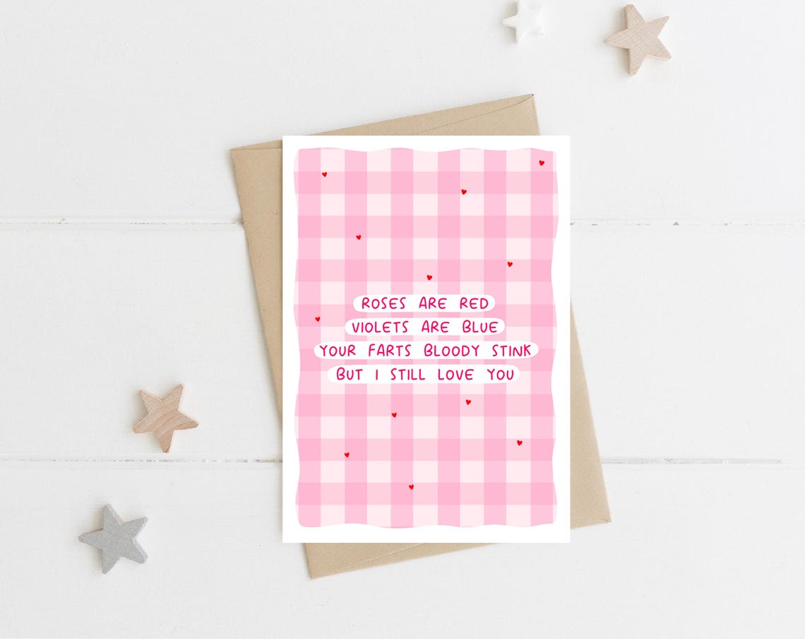 Funny Pink Gingham Roses Are Red Fart Joke Love Card Rude Print - Image 3