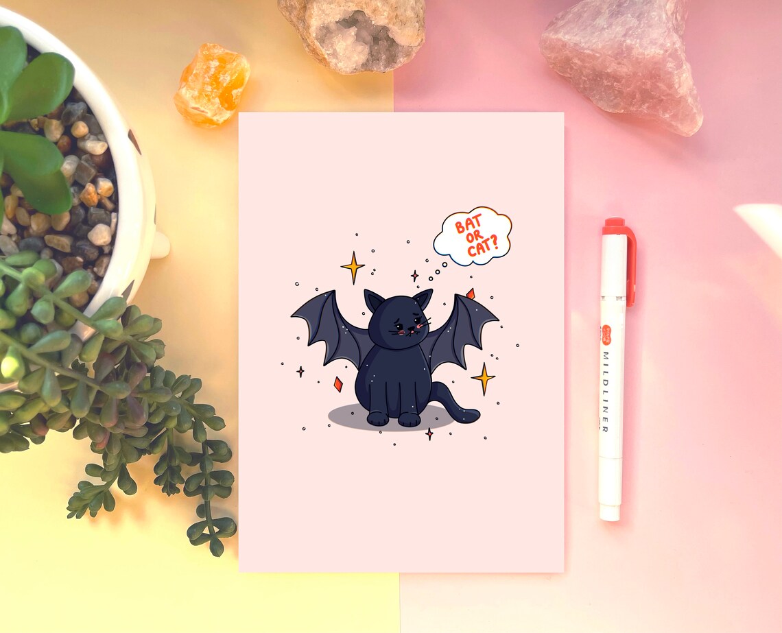 Cute Halloween Kawaii Black Cat Bat Wings Bat Or Cat Art Print - Image 4