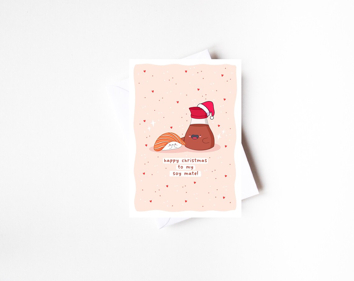 Kawaii Sushi Christmas Pun Poster with Soy Sauce Bottle Santa Hat - Image 4